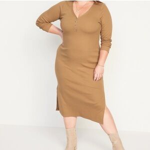 Old Navy Acacia / Camel Brown Fitted Rib Knit Long Sleeve Henley Midi Dress 2X